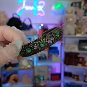 GUCCI Crystal Floral G Bangle 925 Silver Bracelet Green